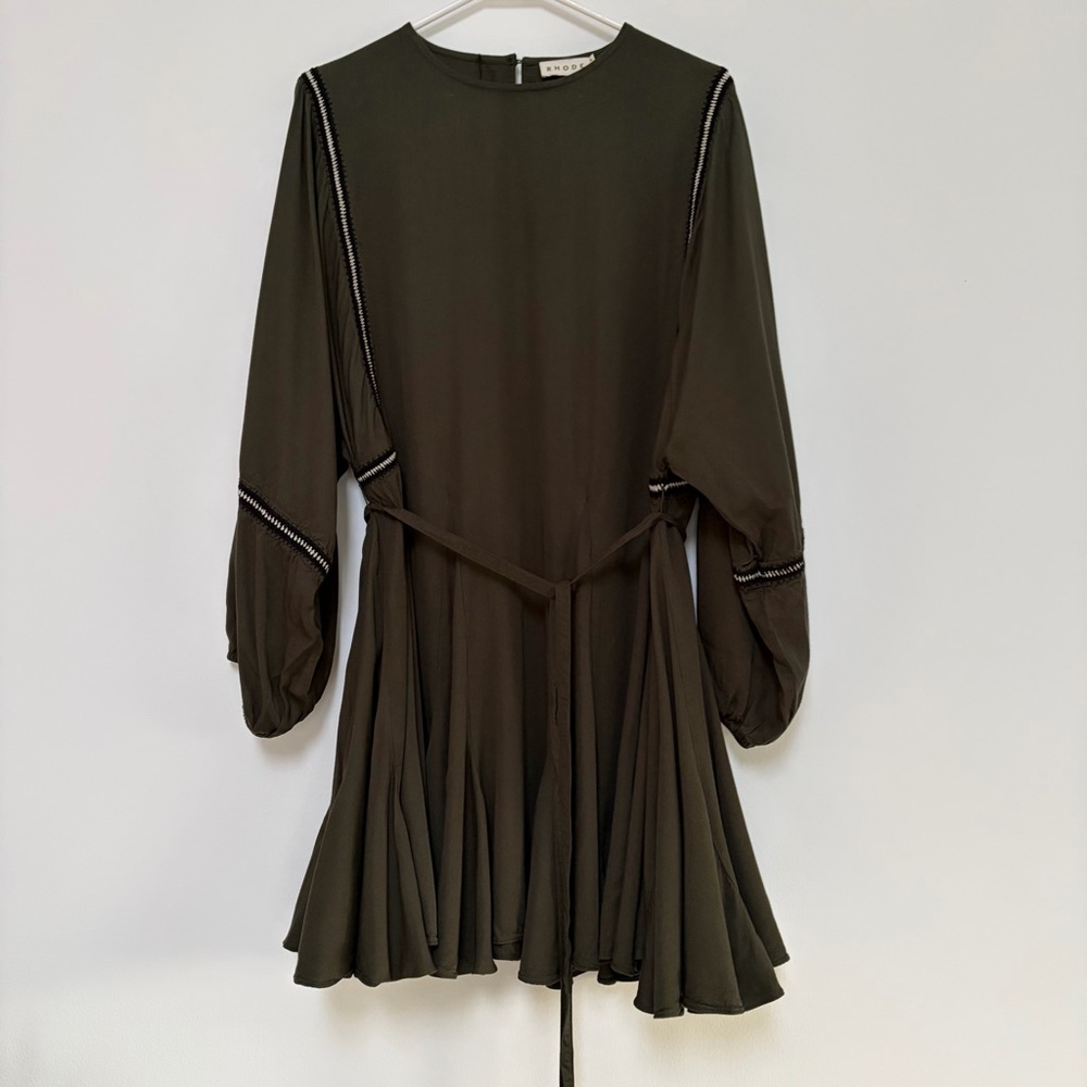 Rhode Women's Saskia Puff-Sleeve Crochet-Trim Mini Dress Size Medium Green
